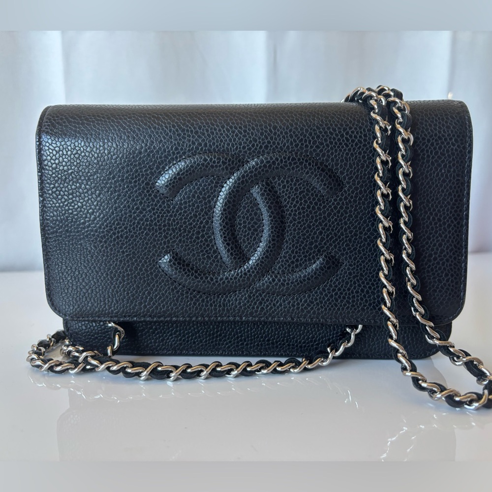 CHANEL WOC Timeless Wallet on Chain Black Caviar Leather w Silver Chain